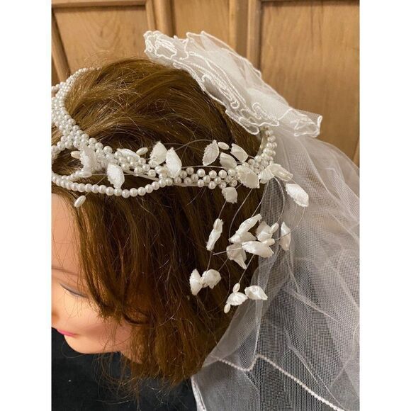 Vintage 2 Tier Viel Bridal Wedding Lace Tulle Tiered Pearls Headband